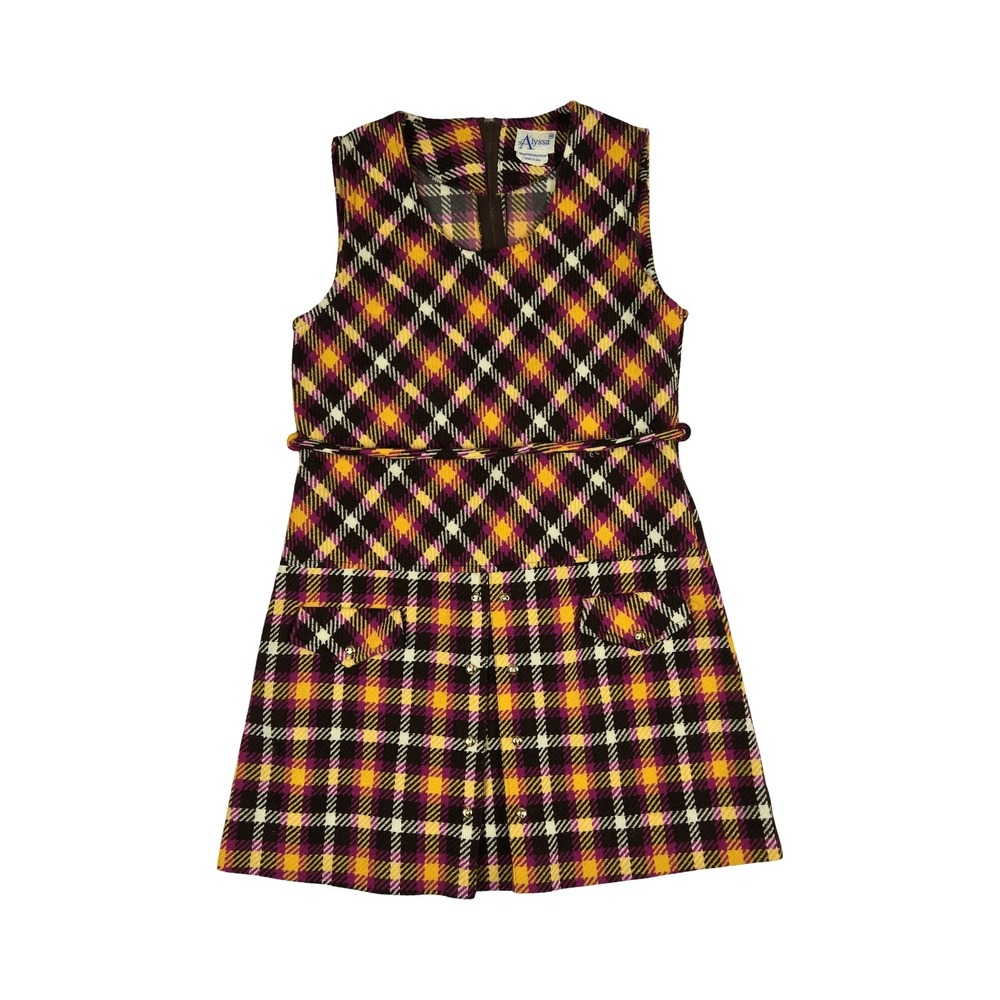 VTG 70s Mod Alyssa Girls Plaid Jumper Dress Purple Yellow Retro Sleeveless / 14